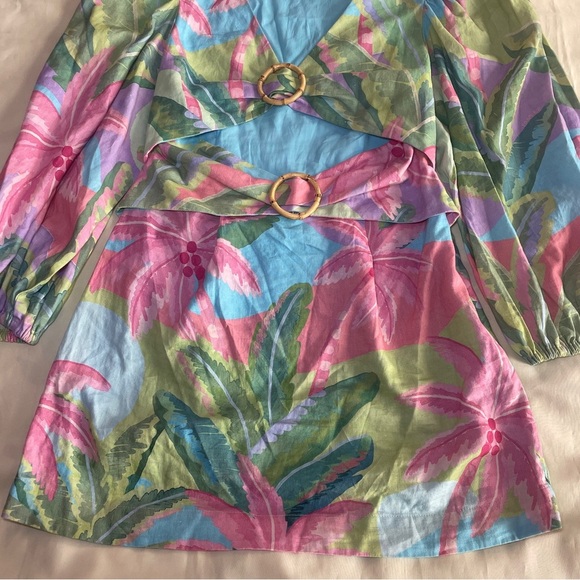 Farm Rio- BEACH VIBE LINEN BLEND CUTOUT DRESS In Blue Size Medium Palm Trees - Picture 4 of 11